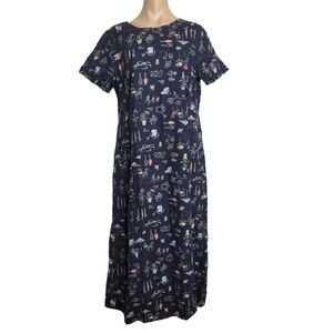 Vintage Eddie Bauer Women's Linen Dress Garden Navy Blue Flower